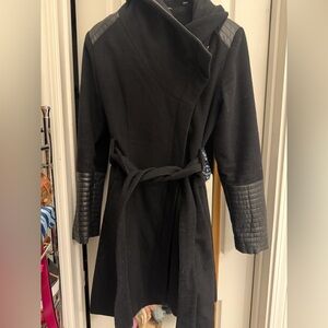 Badgley Mischka Black Wool Blend Belted Pea Coat with Quilted Sleeve Detail